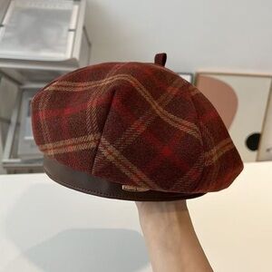 Plaid Wool Beret with Leather Trim